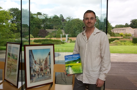 Matthew with some of his watercolours at the "Yorkshire Journey" book launch